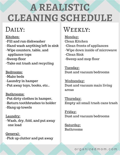 Printable Cleaning Schedule For Working Moms
